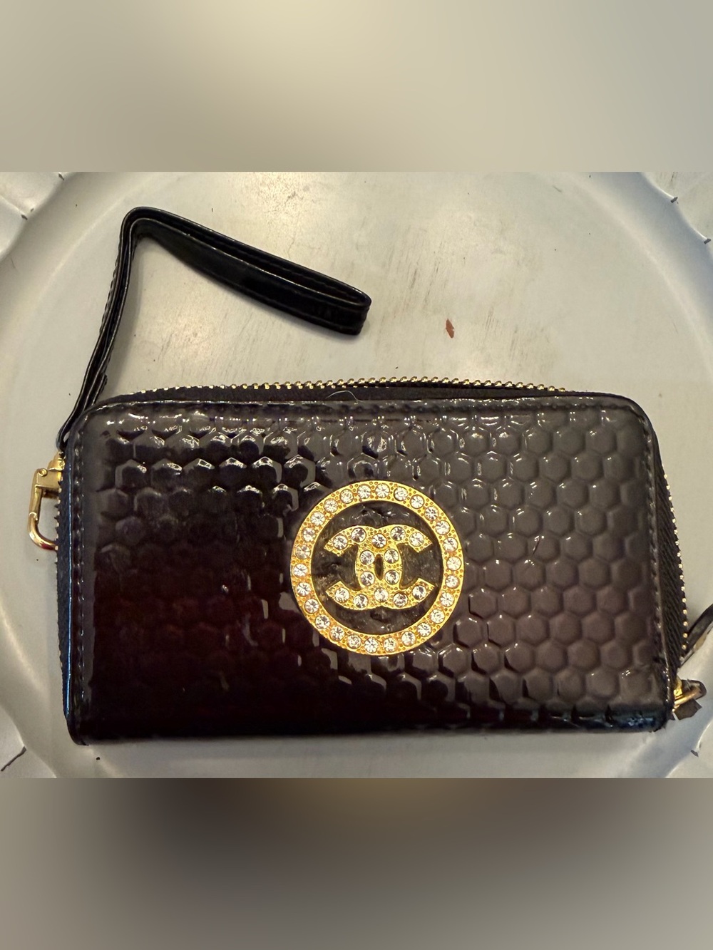 Black Quilted Patent Wristlet n keys chain inside with Gold Crystal Logo
